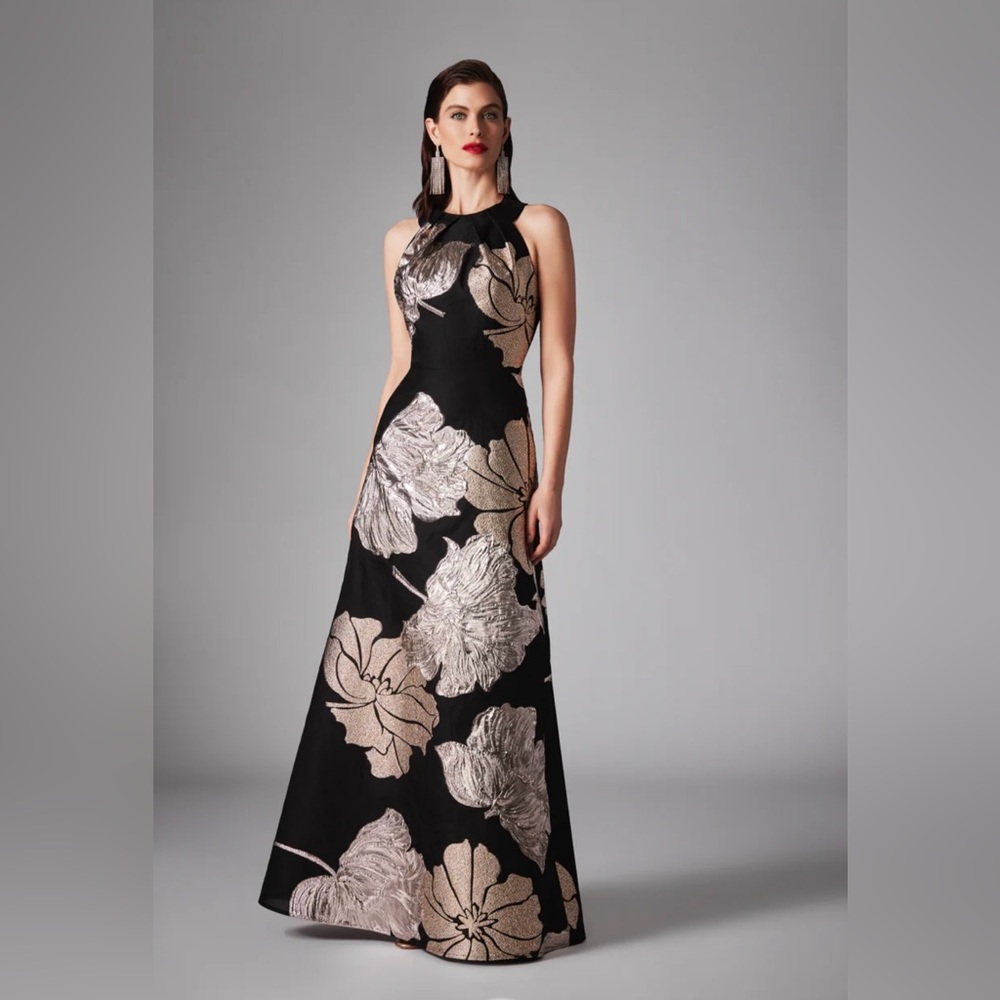 WORN ONCE Frascara black and gold evening gown with floral accents!